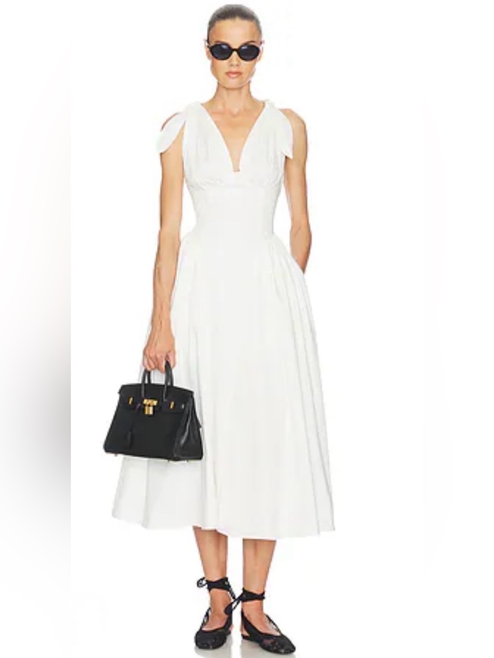 NWT . V-Neck White Tie-Shoulder Midi Dress